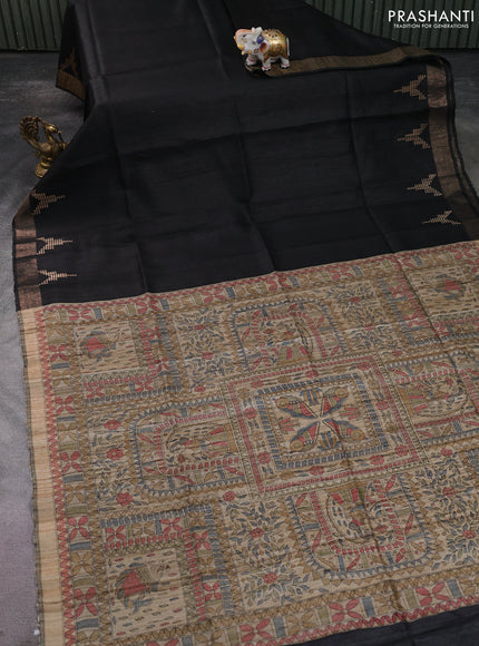 Pure dupion saree black and beige with plain body and madhubani printed pallu & blouse