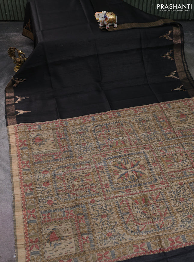 Pure dupion saree black and beige with plain body and madhubani printed pallu & blouse
