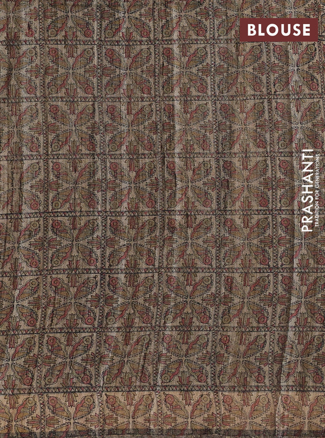 Pure dupion saree black and beige with plain body and madhubani printed pallu & blouse