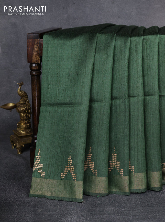 Pure dupion saree green and beige with plain body and madhubani printed pallu & blouse