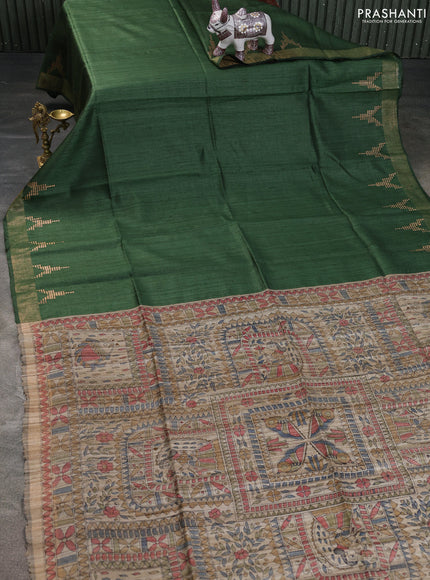 Pure dupion saree green and beige with plain body and madhubani printed pallu & blouse