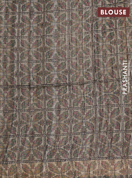 Pure dupion saree green and beige with plain body and madhubani printed pallu & blouse