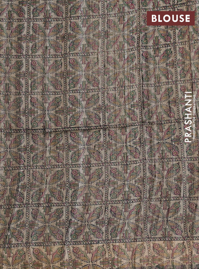 Pure dupion saree green and beige with plain body and madhubani printed pallu & blouse