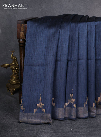 Pure dupion saree peacock blue and beige with plain body and madhubani printed pallu & blouse