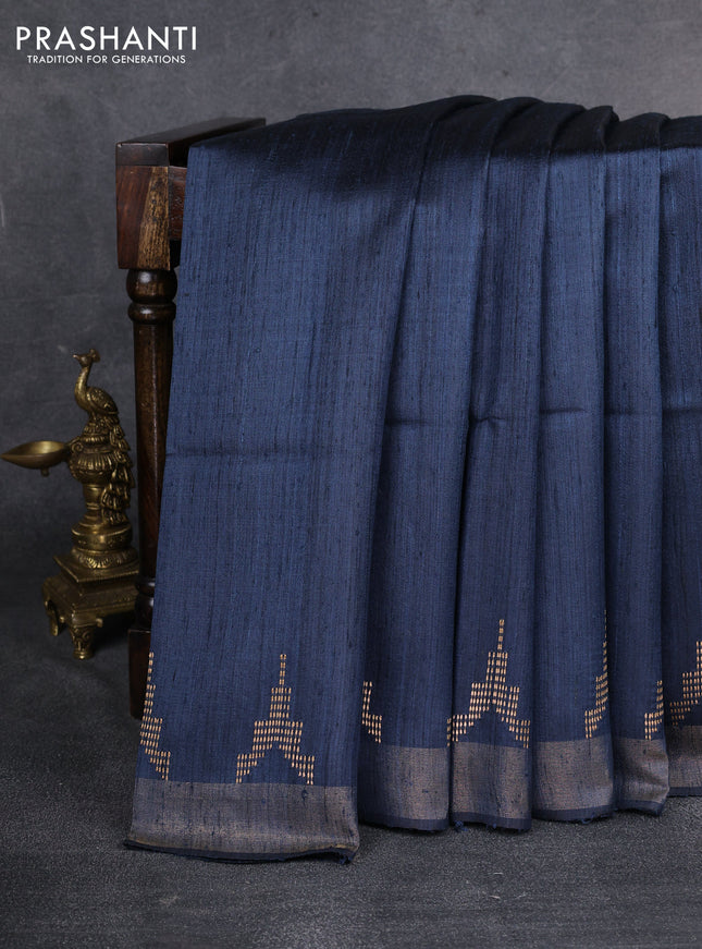 Pure dupion saree peacock blue and beige with plain body and madhubani printed pallu & blouse