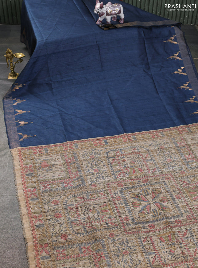 Pure dupion saree peacock blue and beige with plain body and madhubani printed pallu & blouse