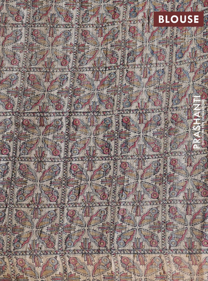 Pure dupion saree peacock blue and beige with plain body and madhubani printed pallu & blouse