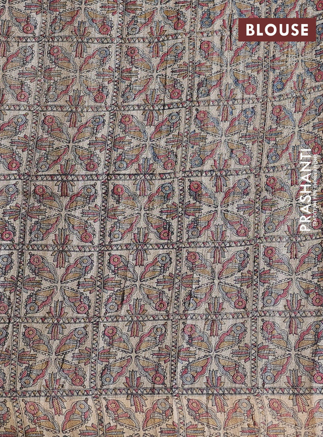 Pure dupion saree peacock blue and beige with plain body and madhubani printed pallu & blouse