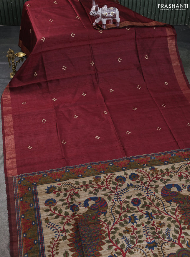 Pure dupion saree maroon and beige with thread woven buttas and kalamkari printed pallu & blouse