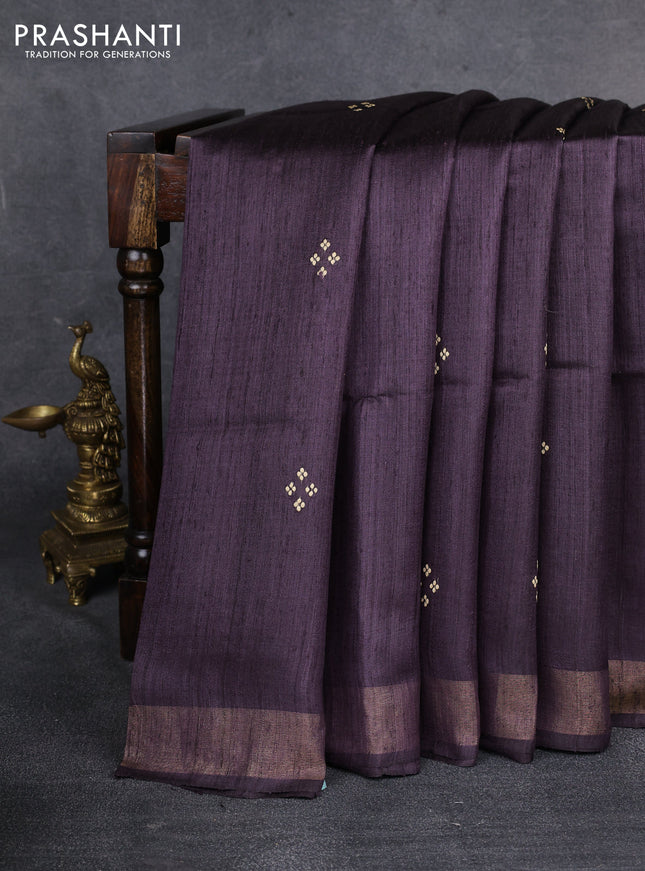 Pure dupion saree deep jamun shade and beige with thread woven buttas and kalamkari printed pallu & blouse