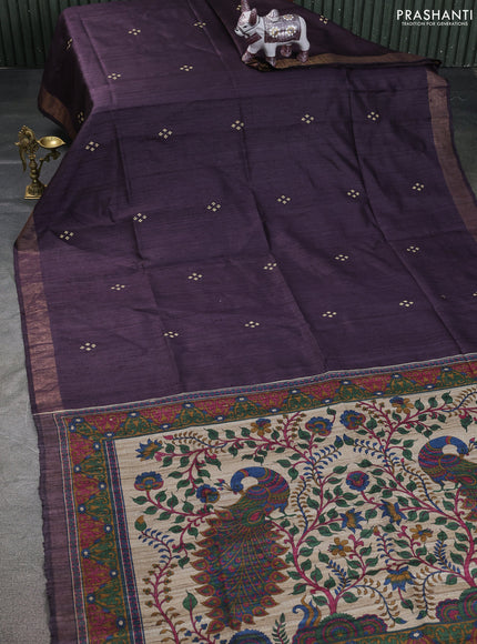 Pure dupion saree deep jamun shade and beige with thread woven buttas and kalamkari printed pallu & blouse