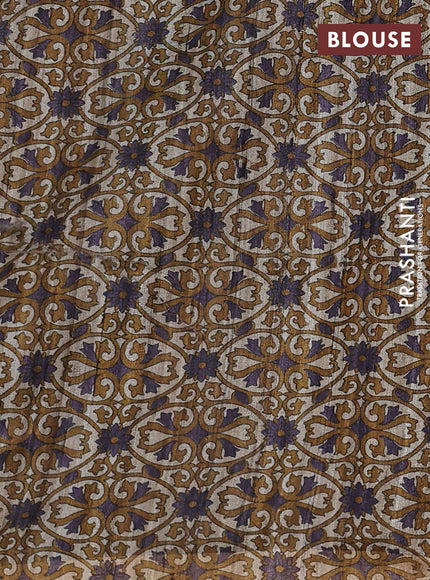 Pure dupion saree deep jamun shade and beige with thread woven buttas and kalamkari printed pallu & blouse