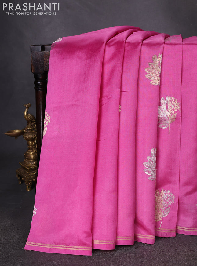 Banarasi poona silk saree pink with silver & gold zari woven buttas and simple zari border