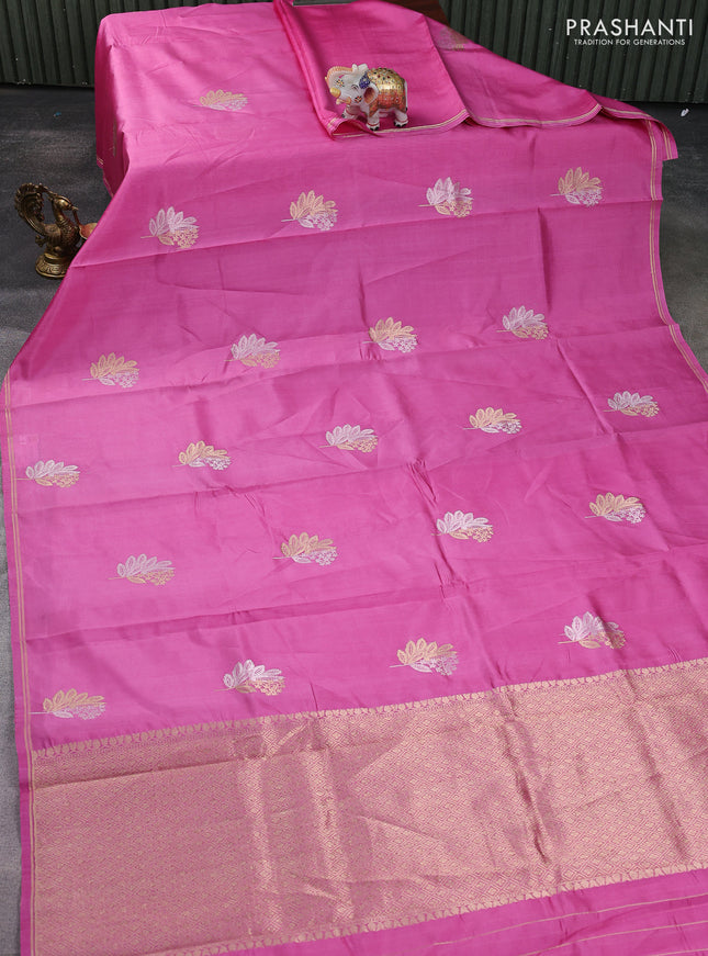 Banarasi poona silk saree pink with silver & gold zari woven buttas and simple zari border