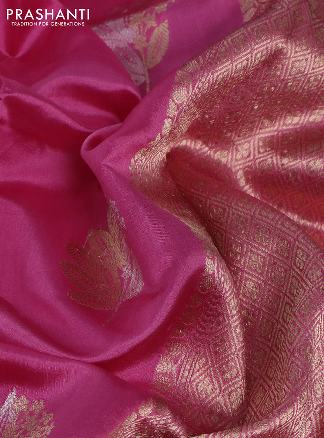 Banarasi poona silk saree pink with silver & gold zari woven buttas and simple zari border