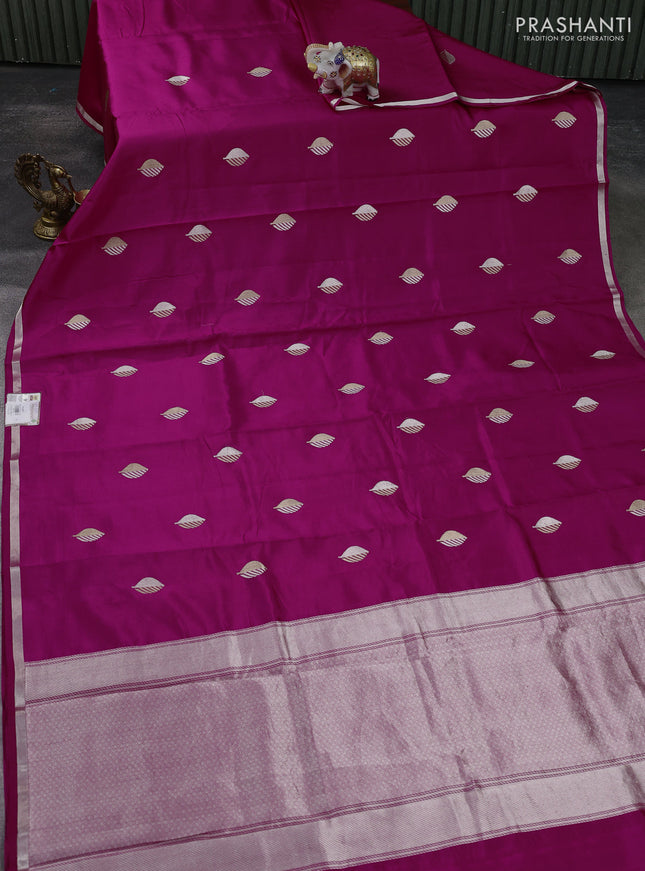 Banarasi poona silk saree pink with zari woven leaf buttas and simple zari border