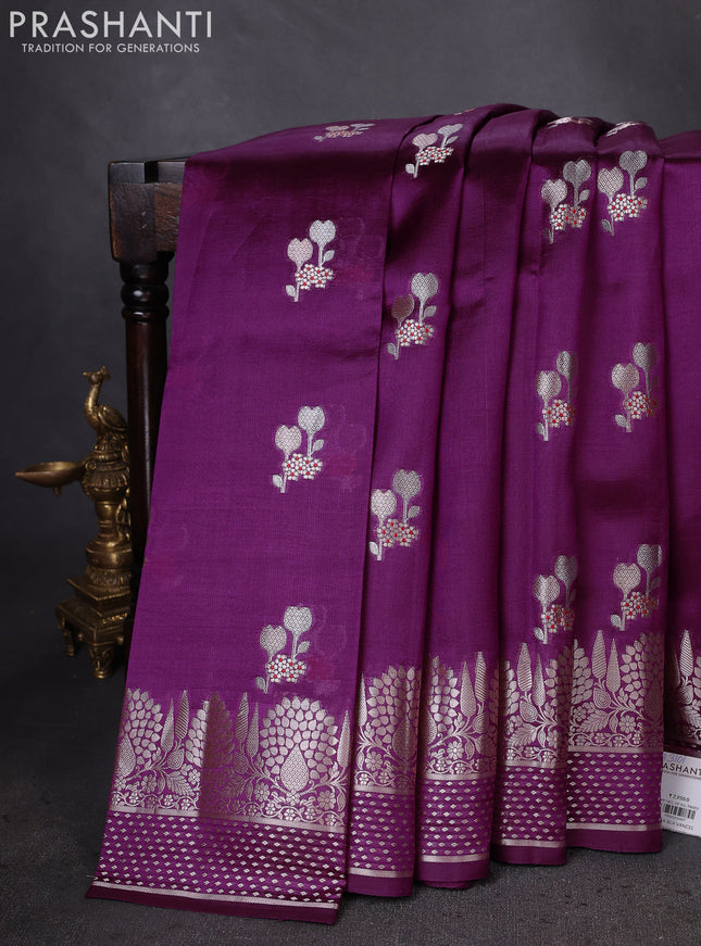 Banarasi poona silk saree purple with zari woven floral buttas and silver zari woven border
