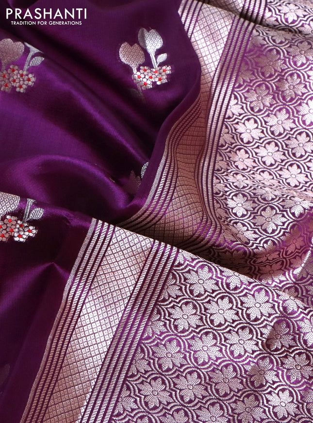 Banarasi poona silk saree purple with zari woven floral buttas and silver zari woven border