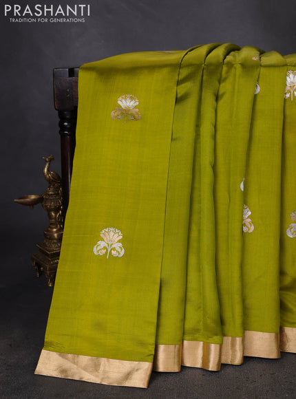 Banarasi poona silk saree lime green with zari woven floral buttas and zari woven border
