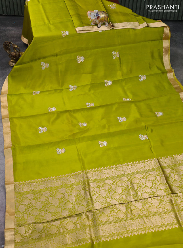 Banarasi poona silk saree lime green with zari woven floral buttas and zari woven border