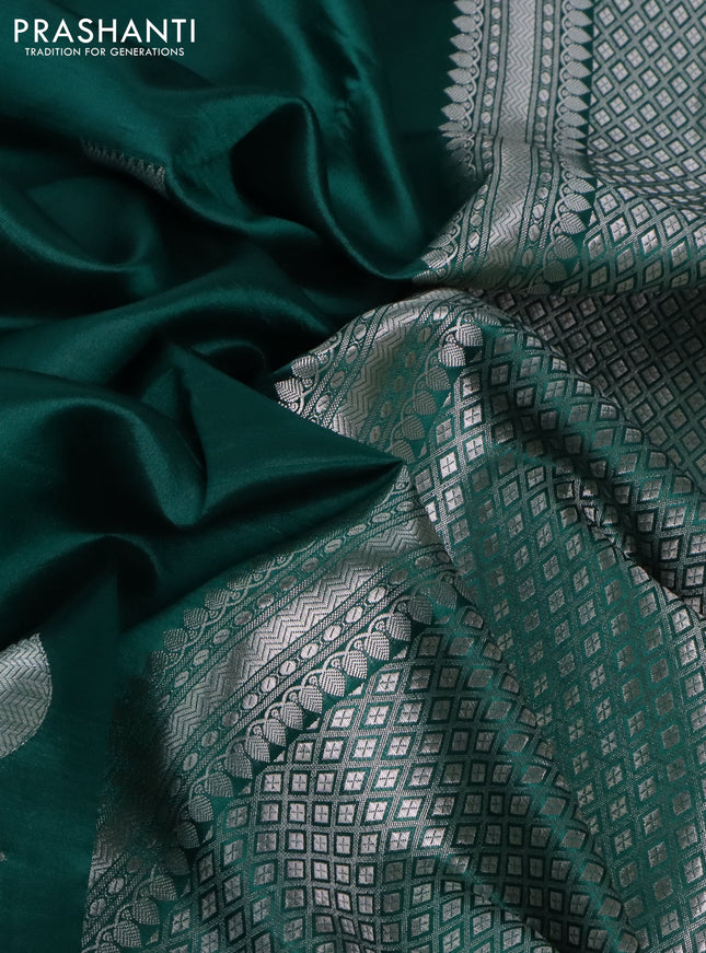Banarasi poona silk saree teal green with silver zari woven floral buttas and silver zari woven border