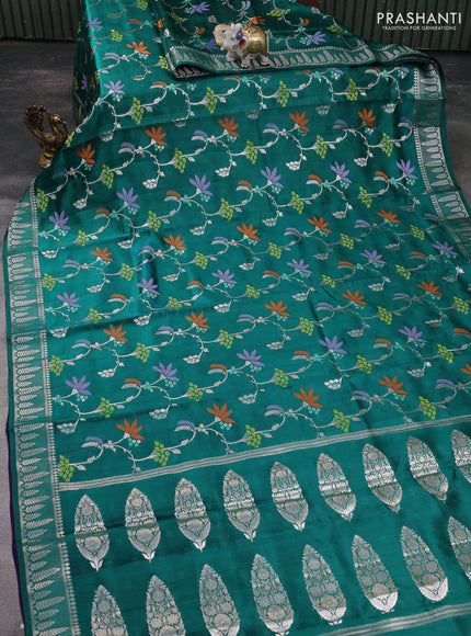 Banarasi poona silk saree teal green and violet with allover thread & silver zari weaves and silver zari woven border