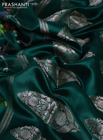 Banarasi poona silk saree teal green and violet with allover thread & silver zari weaves and silver zari woven border