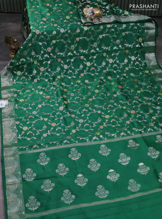 Banarasi poona silk saree green with allover silver zari weaves and silver zari woven border