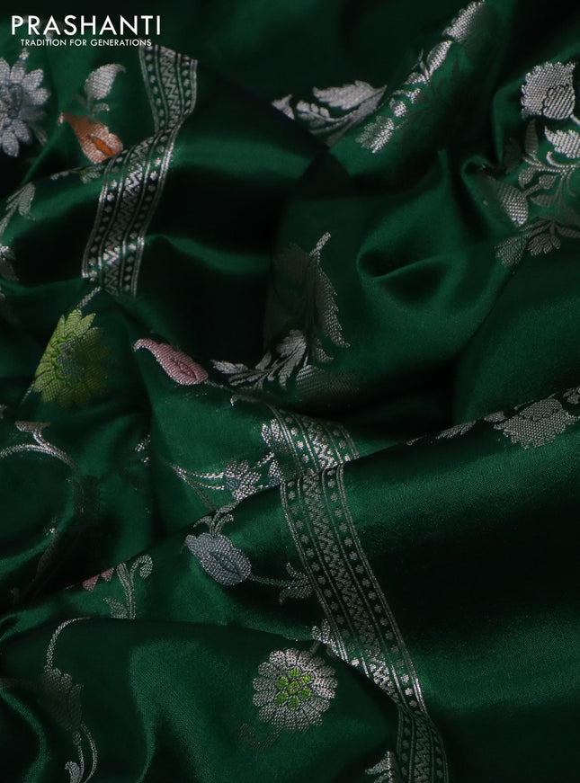 Banarasi poona silk saree green with allover silver zari weaves and silver zari woven border