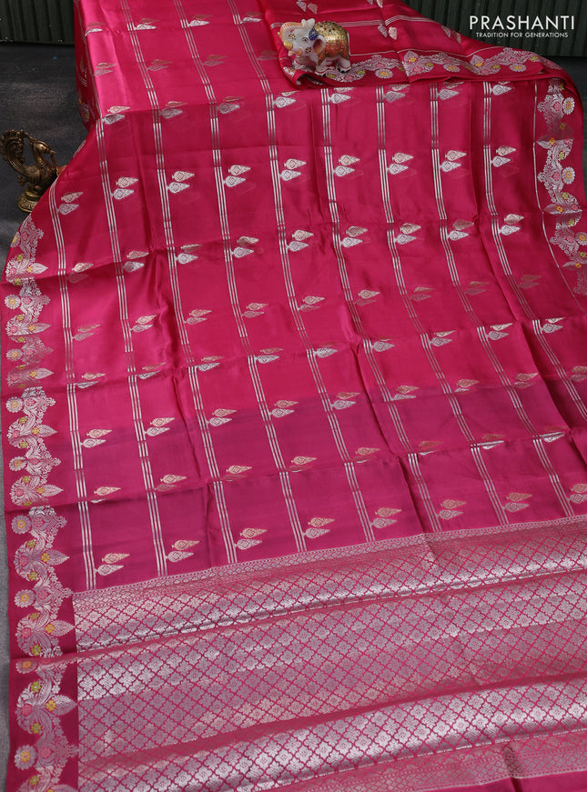 Banarasi poona silk saree pink and peacock blue with silver & gold zari woven buttas and silver zari woven border