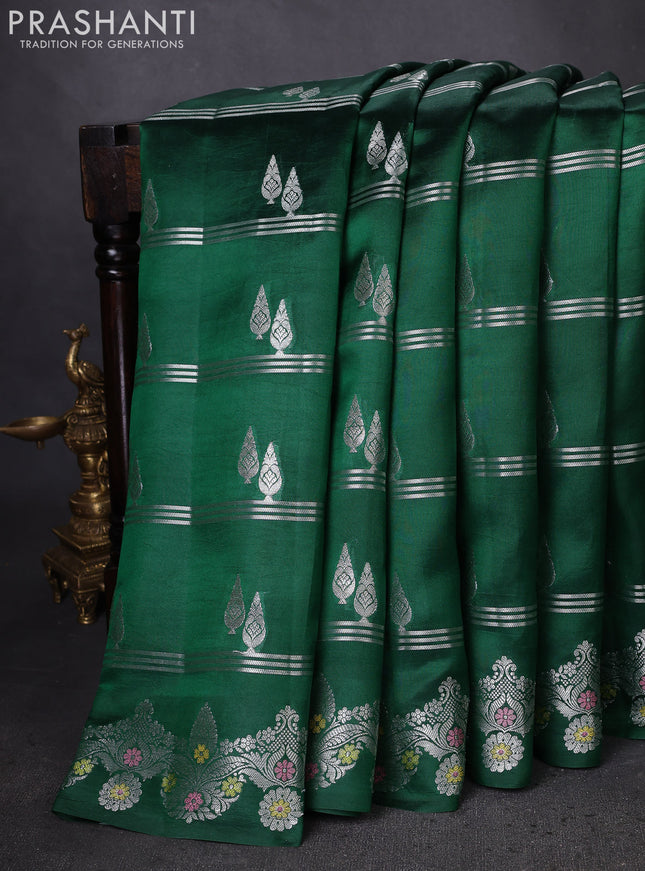 Banarasi poona silk saree green with silver zari woven buttas and silver zari woven border