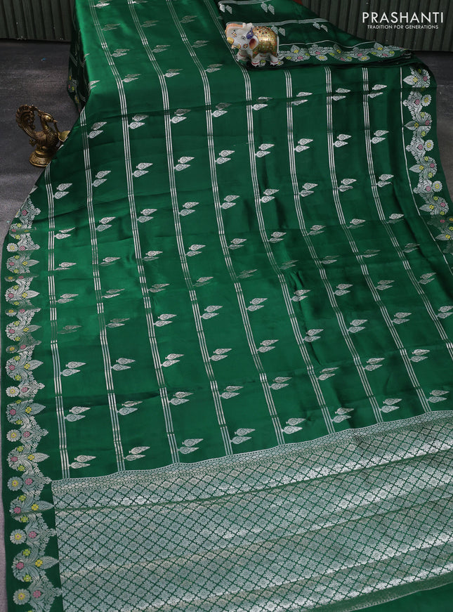 Banarasi poona silk saree green with silver zari woven buttas and silver zari woven border