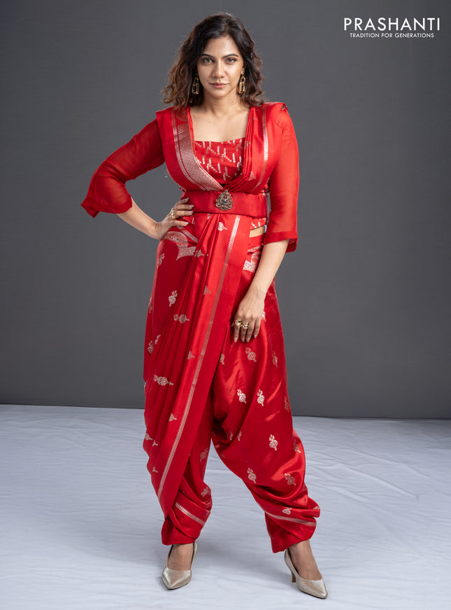 Banarasi poona silk saree red with silver zari woven buttas and silver zari woven border