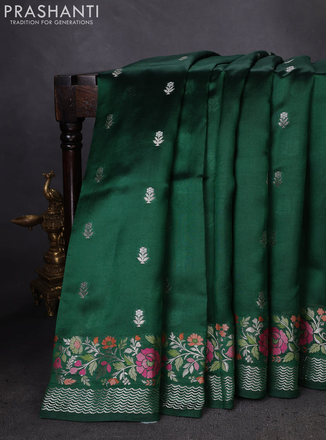 Banarasi poona silk saree green with silver zari woven buttas and zari woven mina border