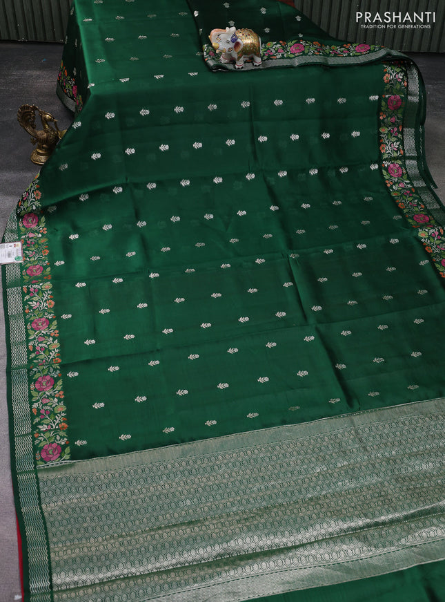 Banarasi poona silk saree green with silver zari woven buttas and zari woven mina border