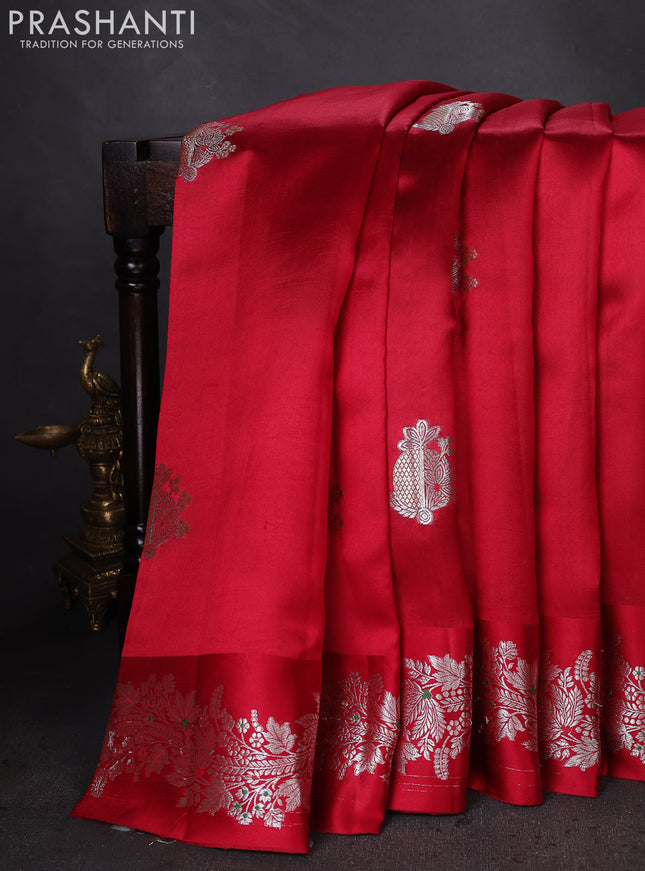 Banarasi poona silk saree red with silver zari woven buttas and silver zari woven border