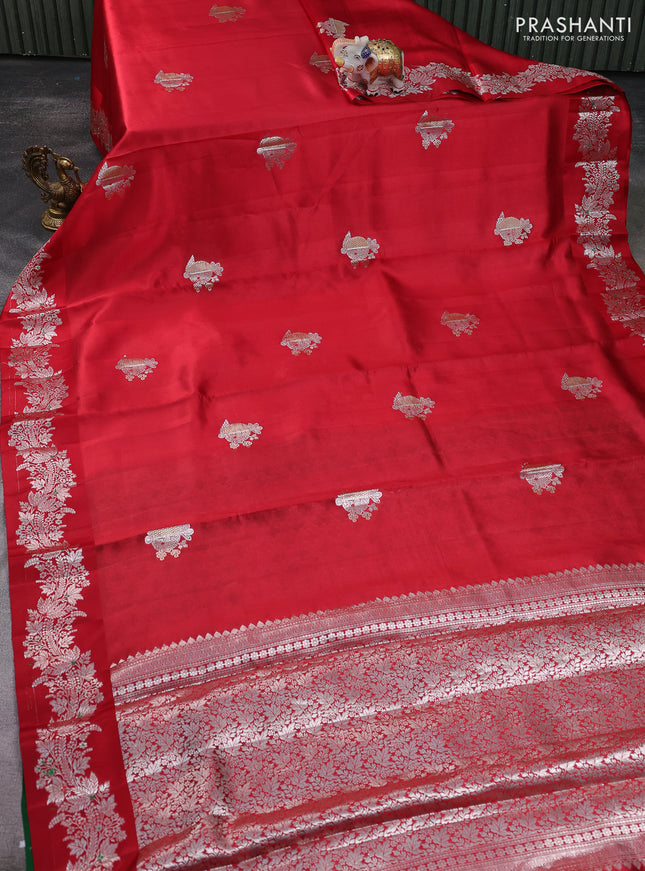 Banarasi poona silk saree red with silver zari woven buttas and silver zari woven border