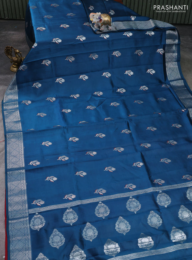 Banarasi poona silk saree cs blue and red with silver zari woven floral buttas and silver zari woven border