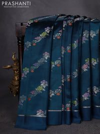 Banarasi poona silk saree peacock blue with allover thread & silver zari weaves and silver zari simple border