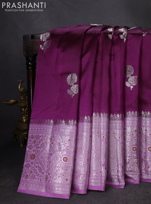 Banarasi poona silk saree wine shade and lavender with silver zari woven buttas and silver zari woven border