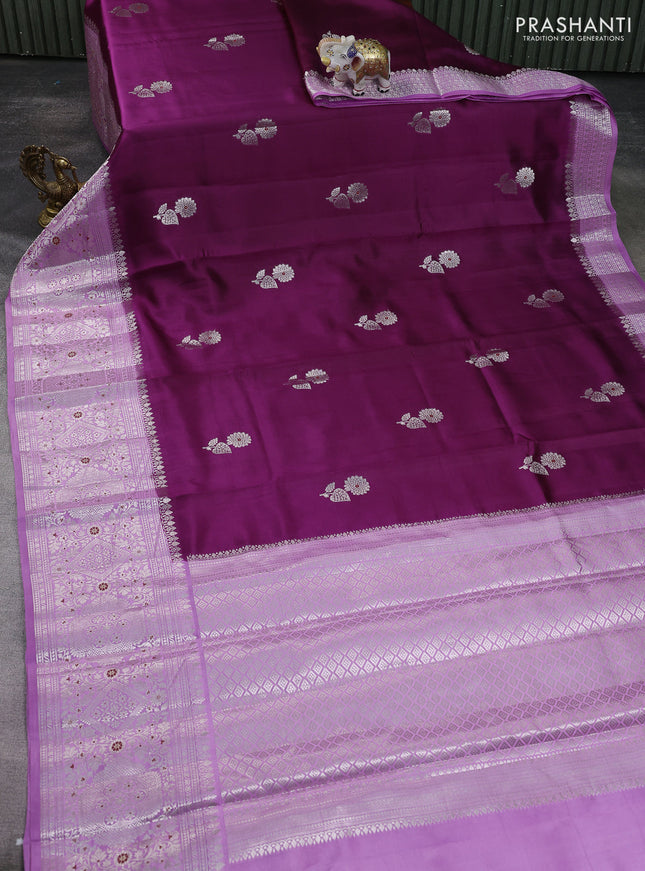 Banarasi poona silk saree wine shade and lavender with silver zari woven buttas and silver zari woven border