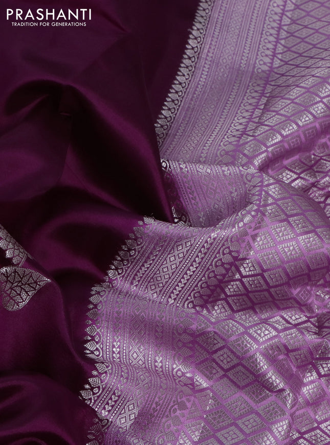 Banarasi poona silk saree wine shade and lavender with silver zari woven buttas and silver zari woven border
