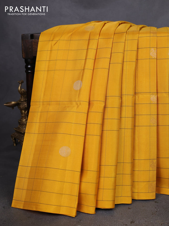 Pure soft silk saree yellow and coffee brown with allover checks & zari buttas in borderless style