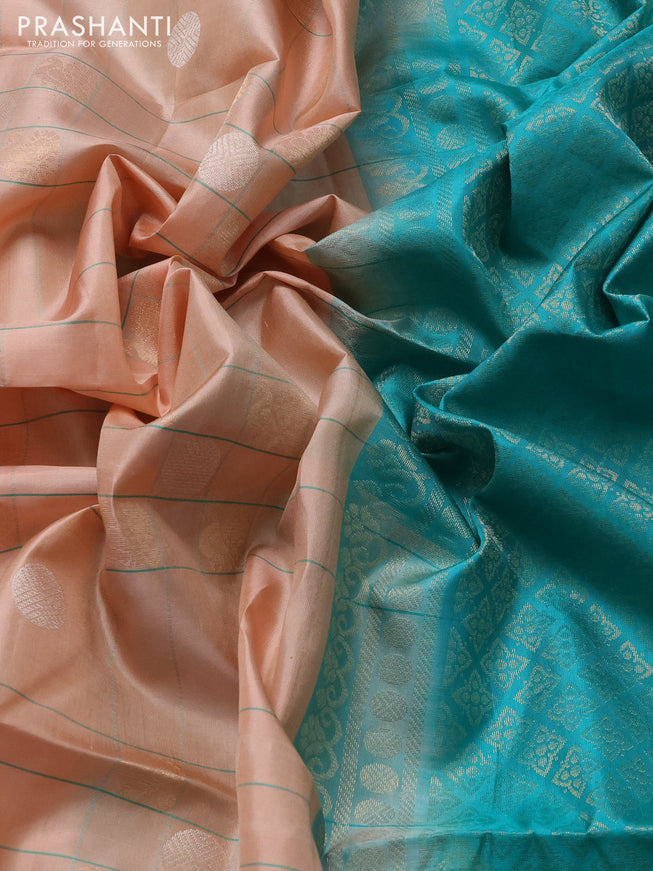 Pure soft silk saree pastel peach and teal green with allover checks & zari buttas in borderless style
