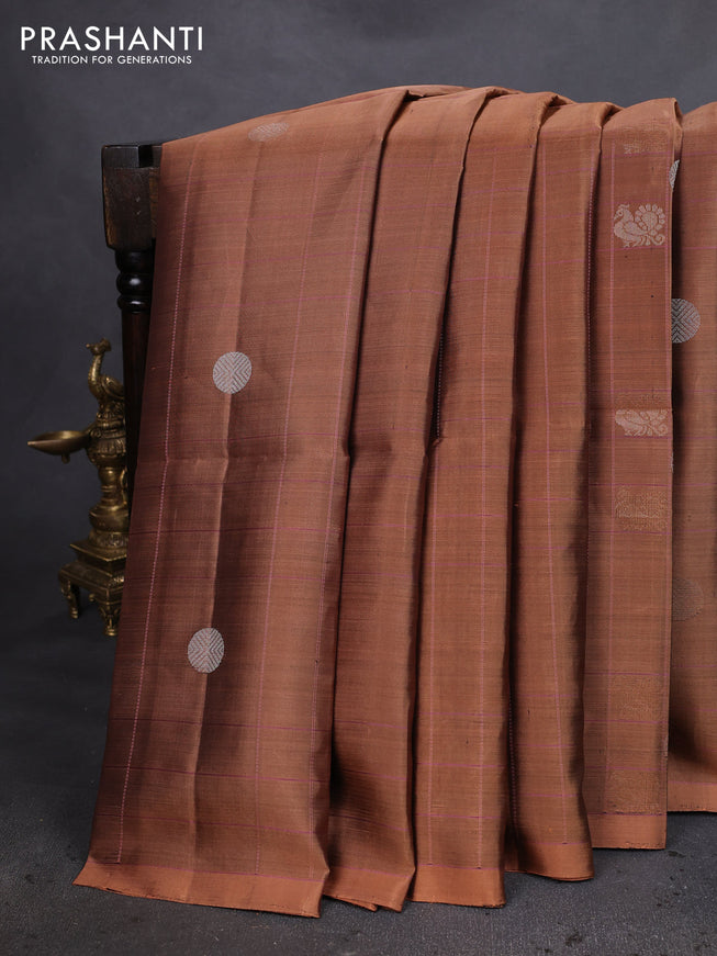 Pure soft silk saree rust shade and peach pink with allover checks & zari buttas in borderless style
