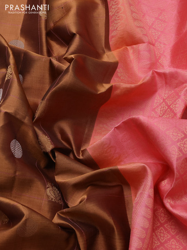 Pure soft silk saree rust shade and peach pink with allover checks & zari buttas in borderless style