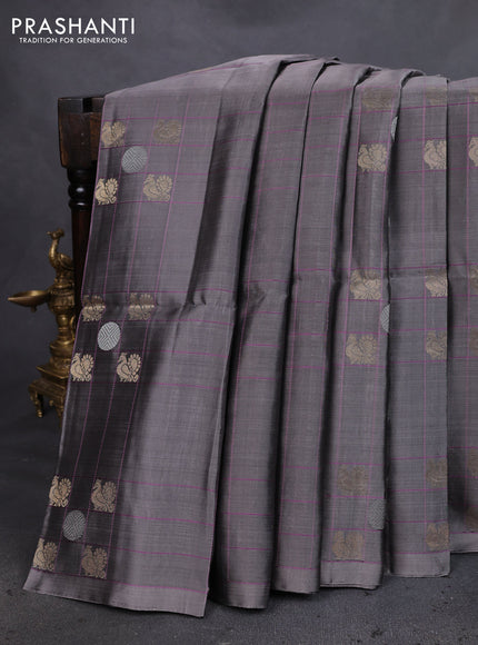 Pure soft silk saree grey and light pink with allover checks & zari buttas in borderless style