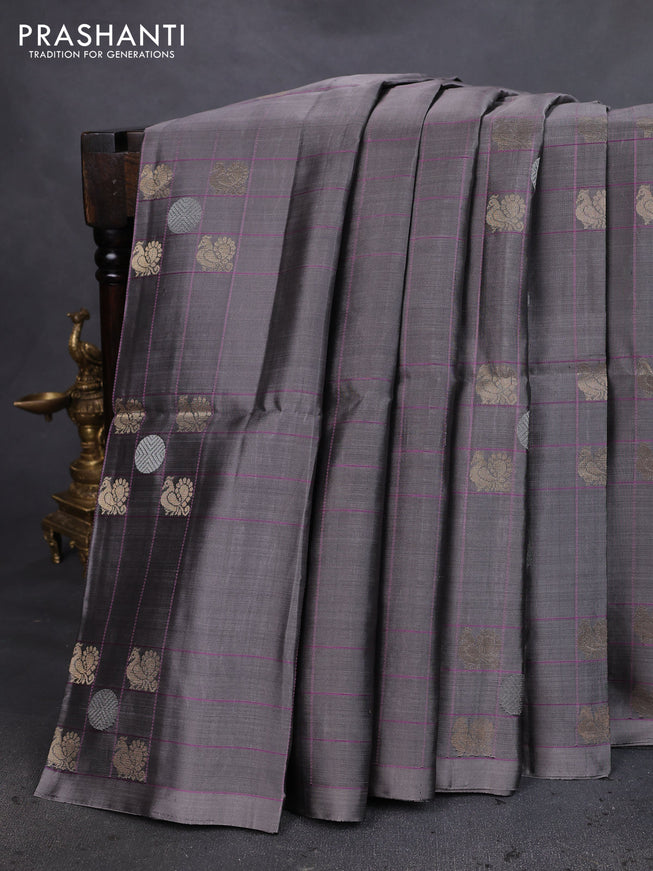 Pure soft silk saree grey and light pink with allover checks & zari buttas in borderless style