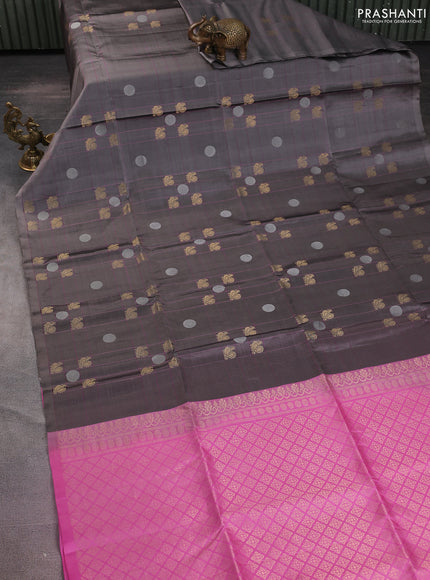 Pure soft silk saree grey and light pink with allover checks & zari buttas in borderless style