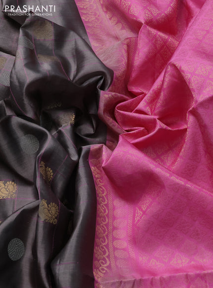 Pure soft silk saree grey and light pink with allover checks & zari buttas in borderless style